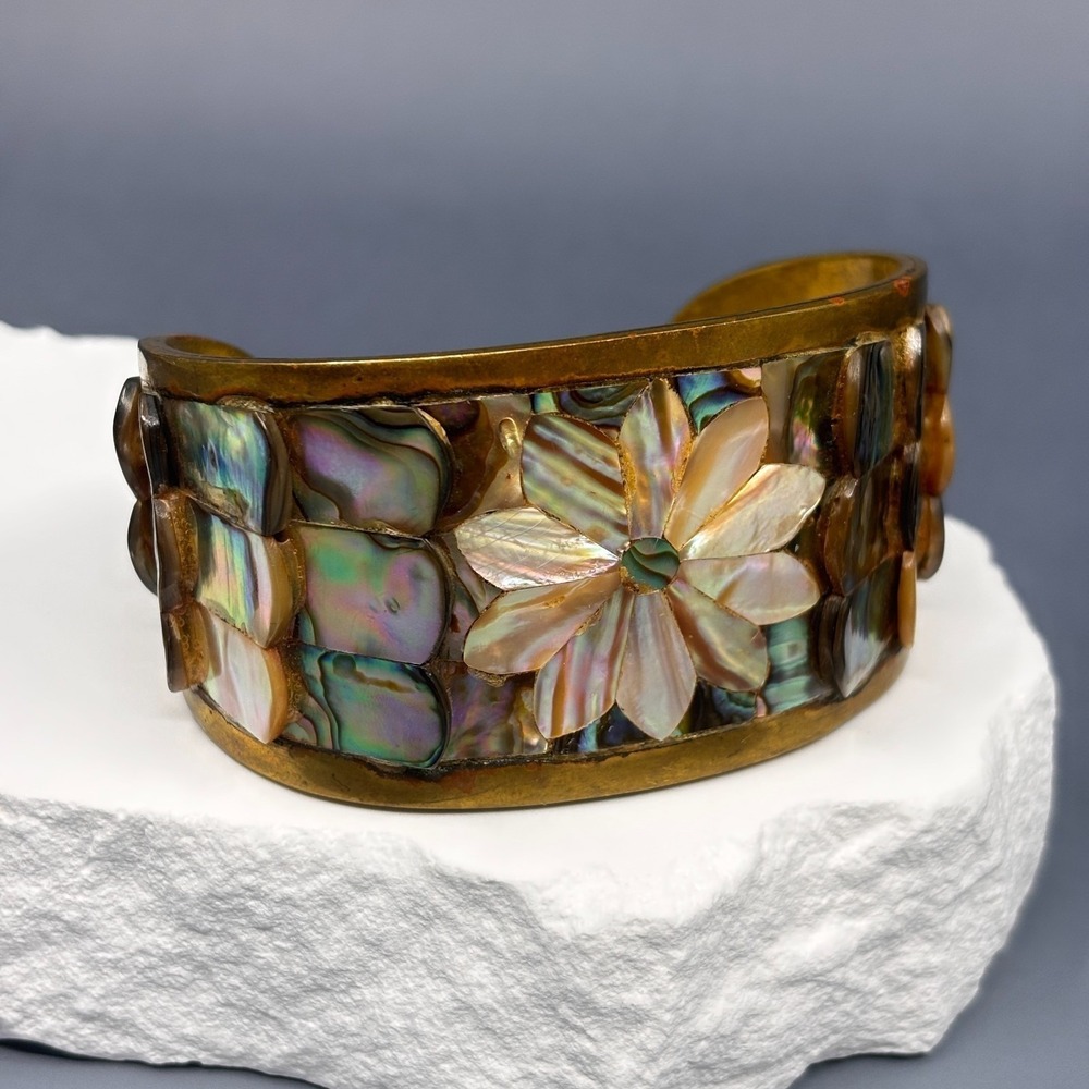Abalone Mother of Pearl Floral Brass Cuff Bracelet Vintage Boho Statement Gift